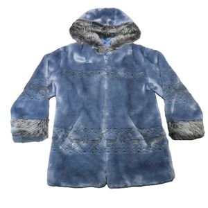 Nordic Lights Faux Fur Hooded Coat  S Blue Reindeer Snowflake Apres Ski Winter